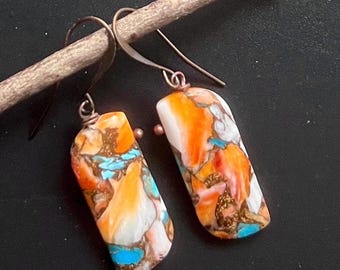 SPINY OYSTER with Turquoise, Copper/Antiqued COPPER earrings, Natural Stone dangles