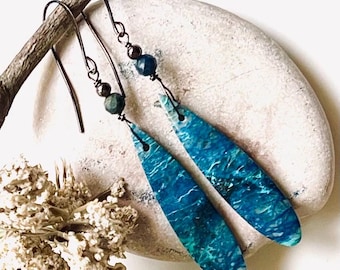 CHRYSOCOLLA, Dumorietite/GUNMETAL earrings, Natural Stone dangles