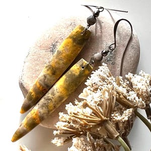 JAVA Yellow JASPER, Snowflake Obsidian/GUNMETAL earrings, Natural Stone dangles