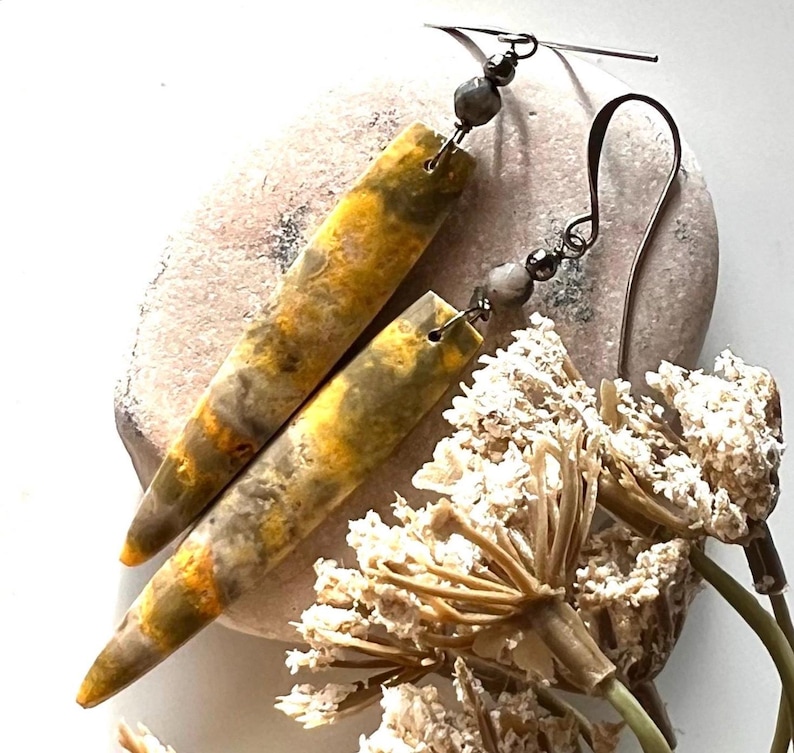 JAVA Yellow JASPER, Snowflake Obsidian/GUNMETAL earrings, Natural Stone dangles 画像 1