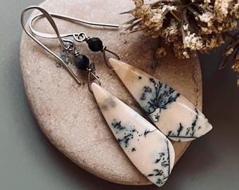 DENDRITIC AGATE, Dumorietite/Patinated SILVER earrings, Natural Stone dangles