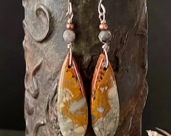 OWYHEE JASPER, Obsidian/GUNMETAL earrings, Natural Stone dangles
