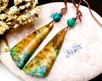 PETRIFIED Palm WOOD, Turquoise/Antiqued COPPER earrings, Natural Stone dangles