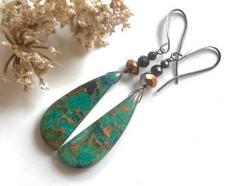 MALACHITE with COPPER, Swarovski Crystal, Tourmaline, Onyx/GUNMETAL earrings