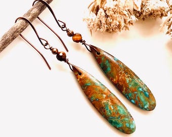 Parrot Wing CHRYSOCOLLA, Tigereye/Antiqued COPPER earrings, Natural Stone dangles