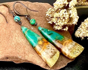 PETRIFIED Palm WOOD, Chrysocolla/BRONZE earrings, Natural Stone dangles