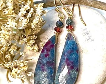 RUBY in KYANITE, Dumorietite, Garnet/GOLD earrings, Natural Stone dangles