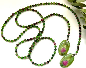 RUBY in FUCHSITE, Onyx Wrap/Tie NECKLACE, Natural Stone Beaded necklace