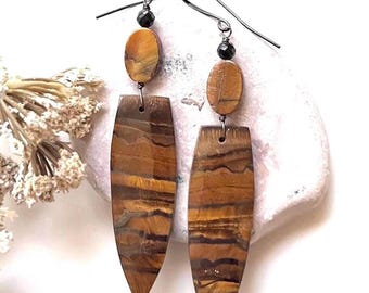 TIGEREYE, Onyx/GUNMETAL earrings, Natural Stone dangles