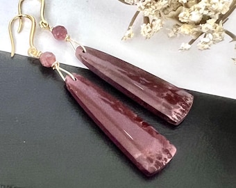 Dendritic RHYOLITE, Thulite/GOLD earrings, Natural Stone dangles