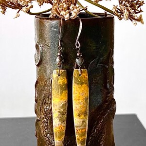 以下が含まれることがあります： 長方形の形のぶら下がりイヤリングのペア。イヤリングは、黄色と茶色の模様で、銀色のフックと小さなビーズが付いています。イヤリングは、ドライフラワーが入った暗い花瓶の前に飾られています。