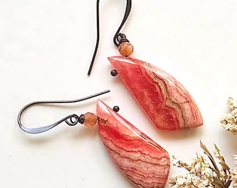RHODOCROSITE, Moonstone/BRONZE earrings, Natural Stone dangles