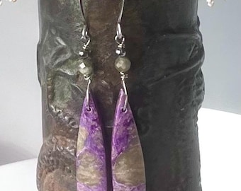 STICHTITE, Tourmaline/Antiqued SILVER earrings, Natural Stone dangles