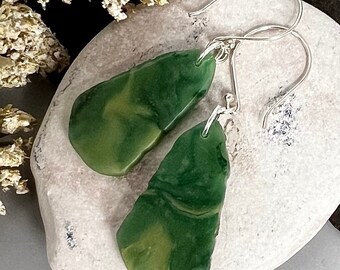 African JADE Slices/STERLING Silver earrings, Natural Stone dangles