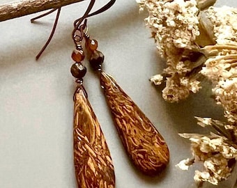 COQUINA JASPER, Bronzite, Hessonite Garnet/Antiqued COPPER earrings, Natural Stone dangles