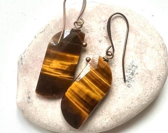 TIGEREYE Waves/Antiqued BRASS earrings, Natural Stone dangles