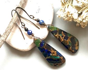 AZURITE, MALACHITE, Copper/Antiqued COPPER earrings, Natural Stone dangles