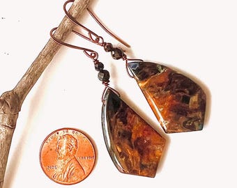 PIETERSITE, Tourmaline, Onyx/Antiqued COPPER earrings, Natural Stone dangles