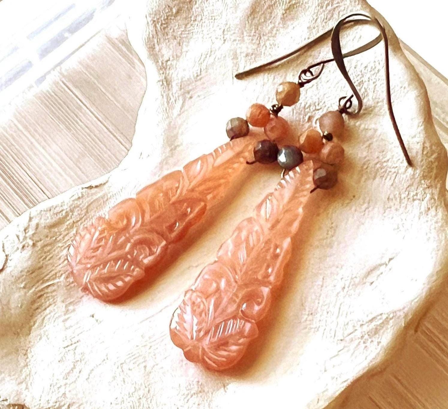 Carved PEACH MOONSTONE/RHODIUM earrings, Natural Stone dangles