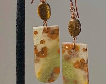 CHRYSOCOLLA, Tigereye/Antiqued COPPER earrings, Natural Stone dangles