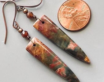 Red Creek JASPER, Hessonite Garnet/Antiqued COPPER earrings, Natural Stone dangles