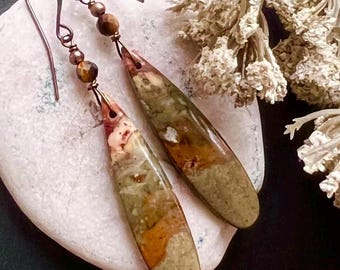 OWYHEE JASPER, Tigereye/Antiqued COPPER earrings, Natural Stone dangles