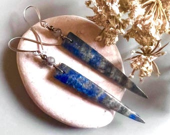 LAPIS LAZULI, Dumorietite/Antiqued SILVER earrings, Natural Stone dangles
