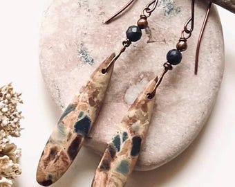 RIVER JASPER, Dumorietite/Antiqued COPPER earrings, Natural Stone dangles
