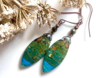 OPALINA, Tourmaline/Antiqued COPPER earrings, Natural Stone dangles