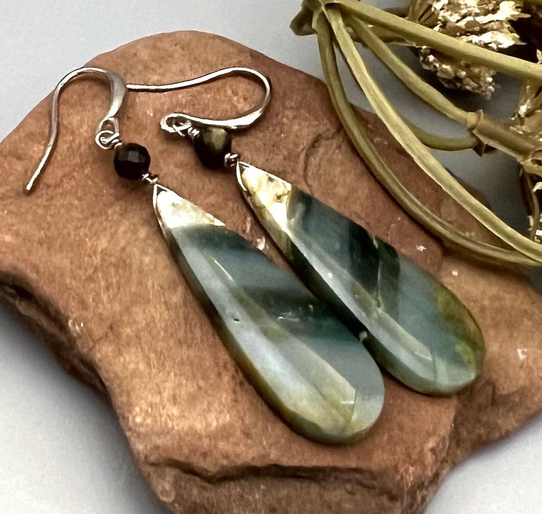 PETRIFIED Palm WOOD Blue Tiger Eye/ RHODIUM Earrings Natural Etsy