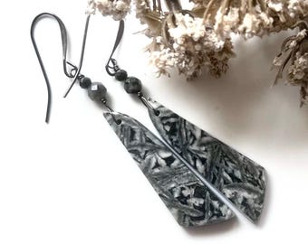 PINOLITH JASPER, Snowflake Obsidian, Onyx/GUNMETAL earrings, Natural Stone dangles