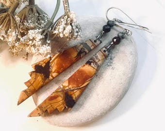 Picasso JASPER, Bronzite, Snowflake Obsidian/Antiqued SILVER earrings, Natural Stone dangles