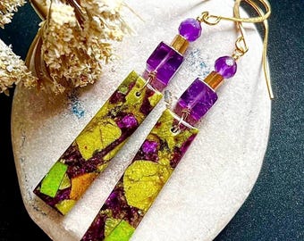 STICHTITE, Amethyst/GOLD earrings, Natural Stone dangles