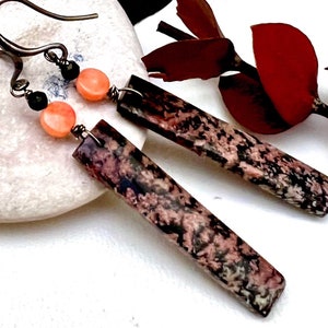 SNOWFLAKE OBSIDIAN, Coral, Onyx/GUNMETAL earrings, Natural Stone dangles