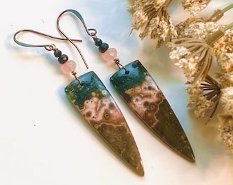 OCEAN JASPER, Chalcedony, Onyx/BRONZE earrings, Natural Stone dangles