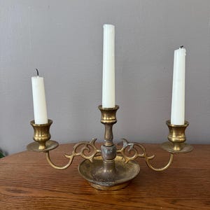 Vintage Brass 3-Arm Candelabra | Ornate Candle Holder | Aged Patina | Gothic Regency Style Table Decor