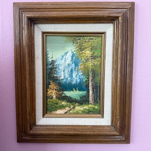 Vintage Framed Mountain Landscape Painting | Original Oil on Canvas | Rustic Alpine Forest Scene | Cabin Wall Art