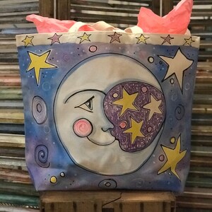 Hand-Painted Crescent Moon Canvas Tote: Personalized Market Bag