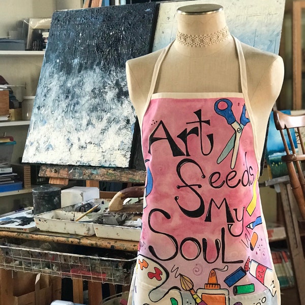 Personalized Art Smock. Hand Painted Apron. Free Personalization.  Art apron. Cooking apron. Gardening Apron. Two pockets. Machine washable.