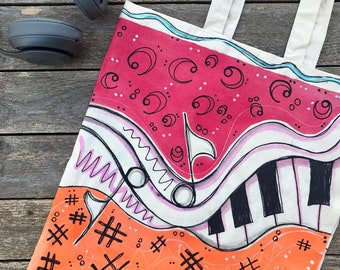 Music lovers tote, Book Bag, Piano Bag, Canvas tote bag, Grocery Tote, Shopping Bag, Bags and Purses, Travel Tote, Teacher Gift, Custom Gift