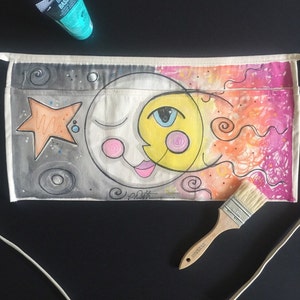 Moon Design Waist Apron: Hand-Painted Poly Cotton Half Apron