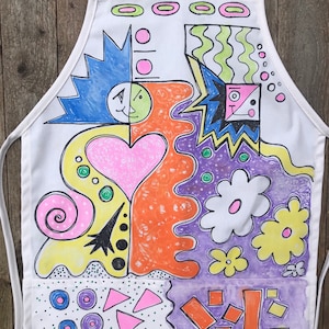 Handbemalte Schürze, Schürze für moderne Kunst, Schürze für alle Altersgruppen, Geschenk für Lehrer, individuelle Schürze, personalisierter Kunstkittel, Gartenschürze, Kochschürze.