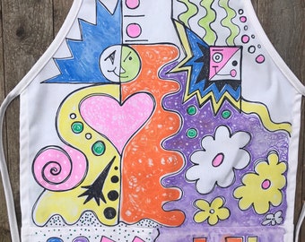 Hand painted apron, Modern Art Apron, All Ages apron, Teacher Gift, Customized Apron,Personalized Art Smock, Gardening Apron, Cooking Apron.