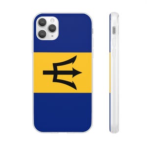 May include: A white iPhone case with a blue and yellow design featuring the flag of Barbados. The case has a clear camera cutout and a white border.