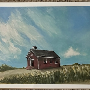 May include: A painting of a red one-story schoolhouse with a white trim and a black roof. The schoolhouse is set against a blue sky with white clouds. There is tall grass in the foreground.