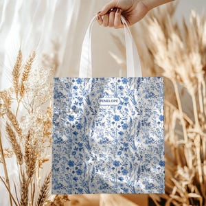 Personalized Blue Wildflower Tote | Custom Floral Chinoiserie Tote for Teachers, Gardeners & Bridesmaids