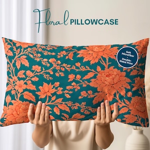 Floral Pillowcase for Bed | Botanical Bedding in Teal and Coral | Soft Microfiber Standard King Pillow Case