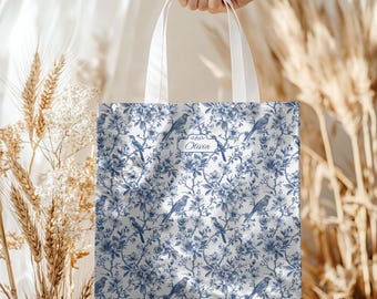 Bolsa de tela personalizada con diseño de pájaro azul: estilo chinoiserie vintage floral