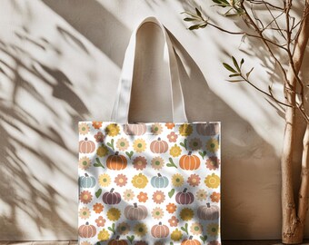 Canvas draagtas bloemen pompoen: gedempte herfstkleuren