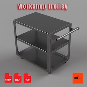Puede incluir: Un carro de taller gris oscuro con tres estantes y un asa. El carro tiene ruedas para facilitar el movimiento. El texto "Workshop trolley" se muestra en la parte superior de la imagen. La imagen también incluye iconos para archivos STEP, DXF y PDF.